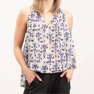 Isabel Marant Etoile Ryson Ikat Print Split Neck Tank Top Ecru Purple Size 2